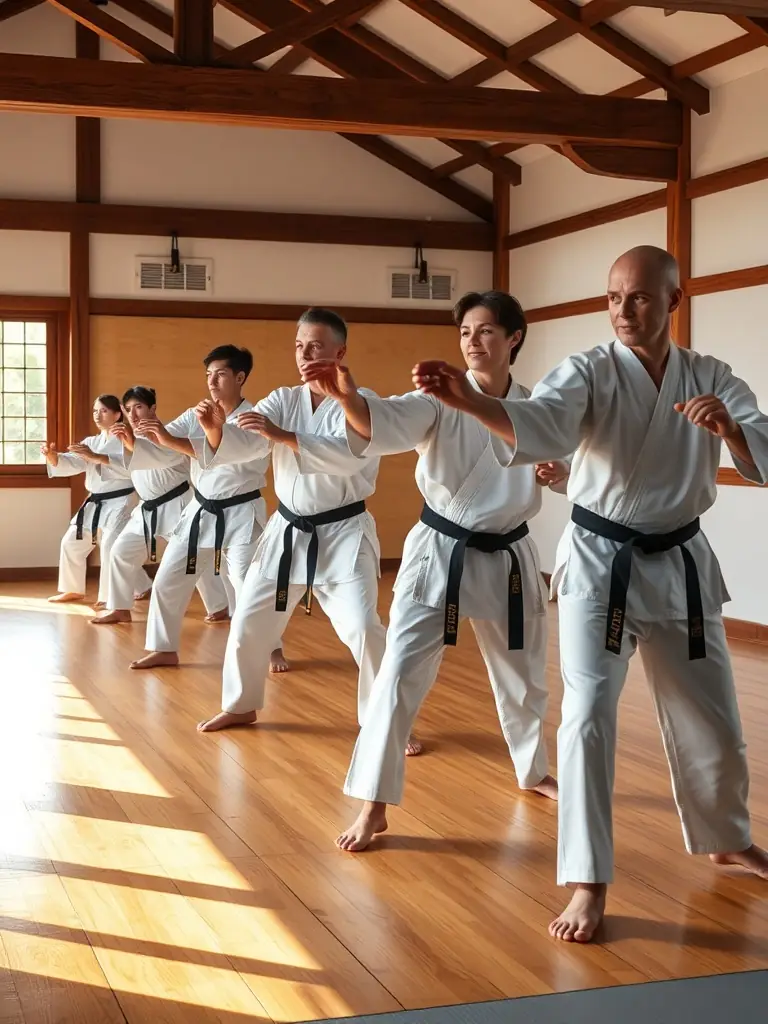 An image of adults practicing kata, demonstrating precision and control, representing TRADITION KARATE OUEST's adult program.