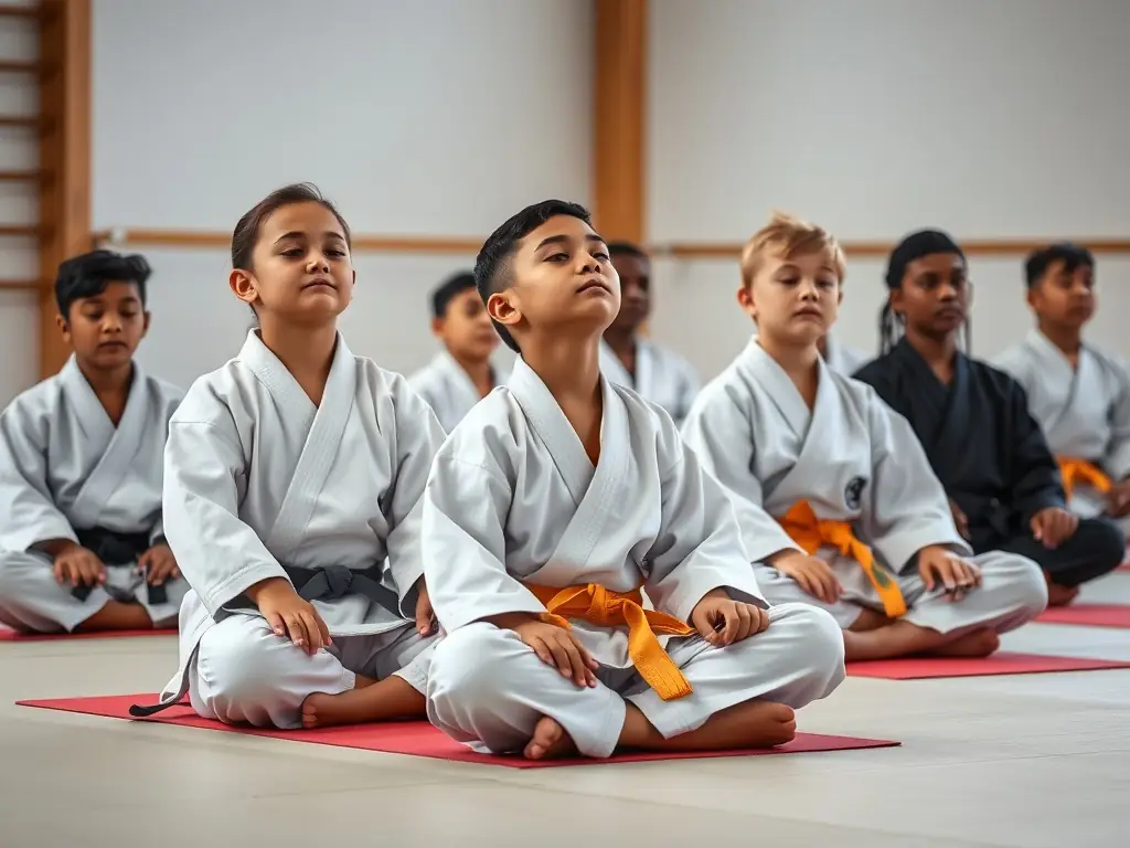 A diverse group of karate students are meditating together in a dojo, promoting mindfulness and inner peace.