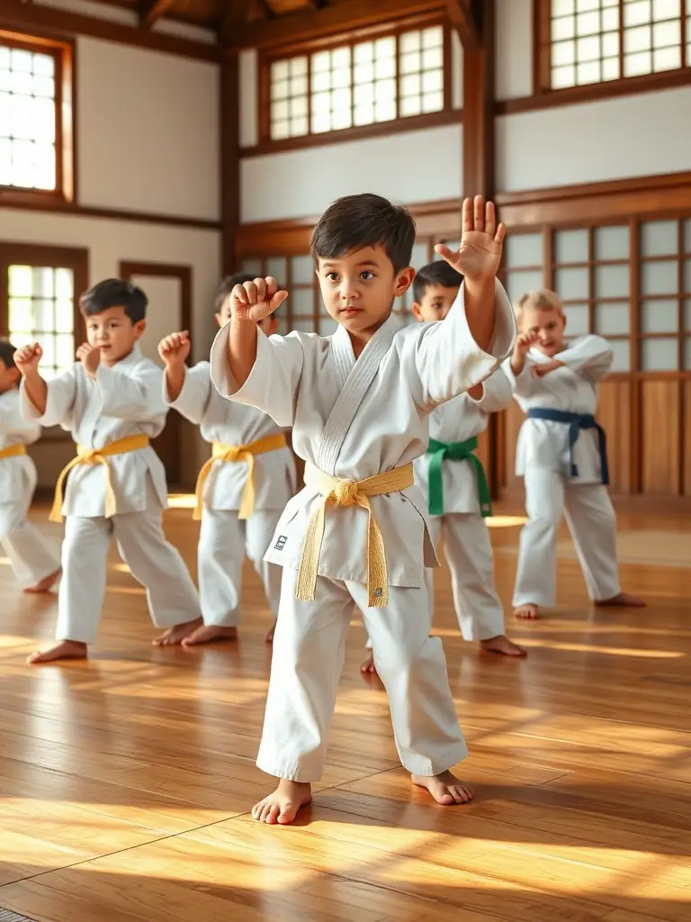 A group of children in karate uniforms practicing basic stances in a dojo, showcasing the beginner's program.