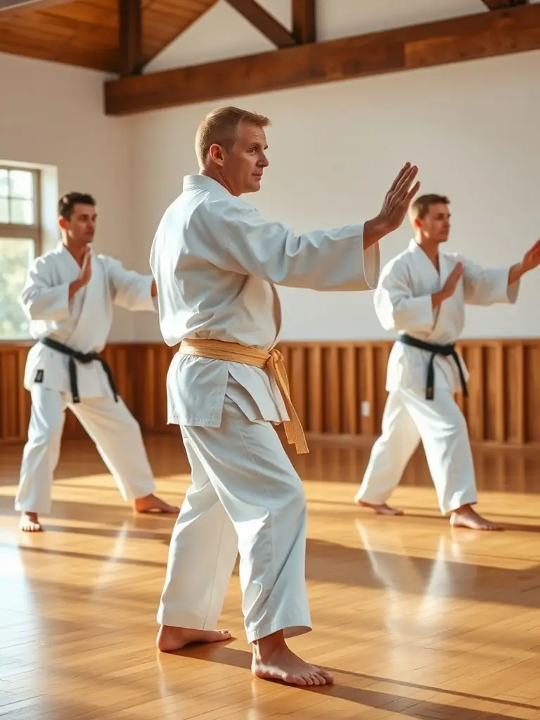 Adults in a karate class, practicing kata with precision and control.