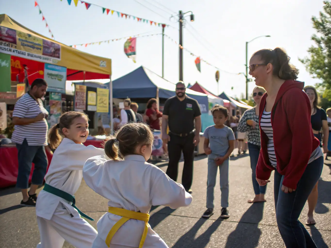 A diverse group of karate practitioners participating in a community outreach event organized by TRADITION KARATE OUEST, promoting inclusivity and social connection.