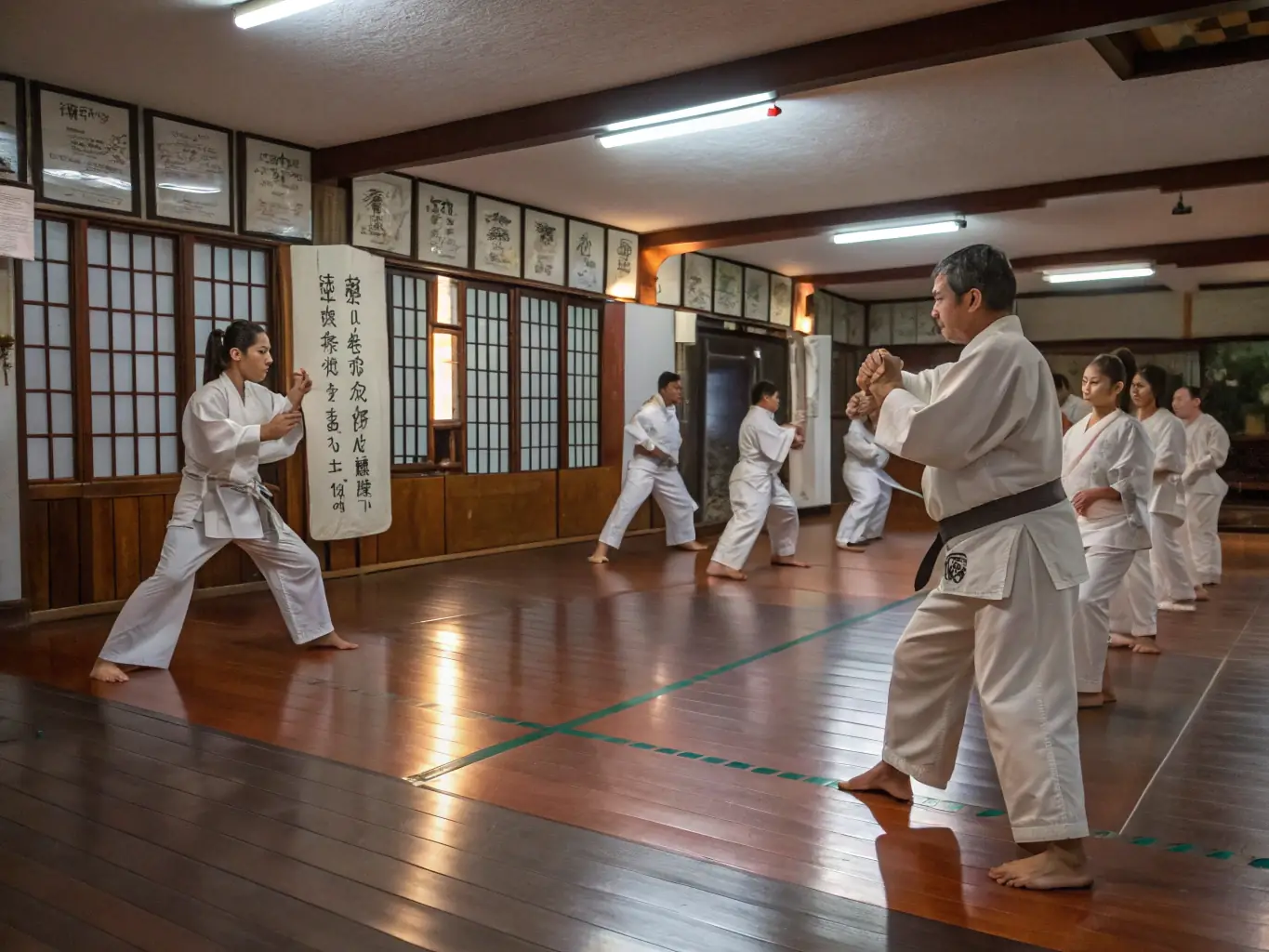 A diverse group of karate students of varying ages and skill levels practicing a synchronized kata routine in a well-lit dojo, showcasing unity and discipline.