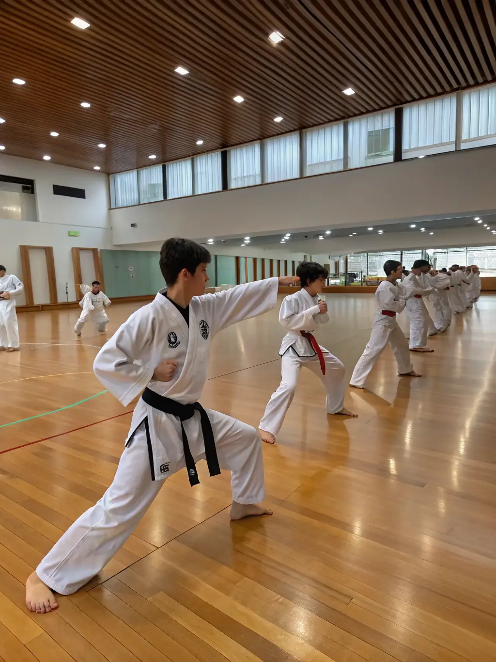 Teenagers practicing advanced karate techniques, demonstrating agility and focus.