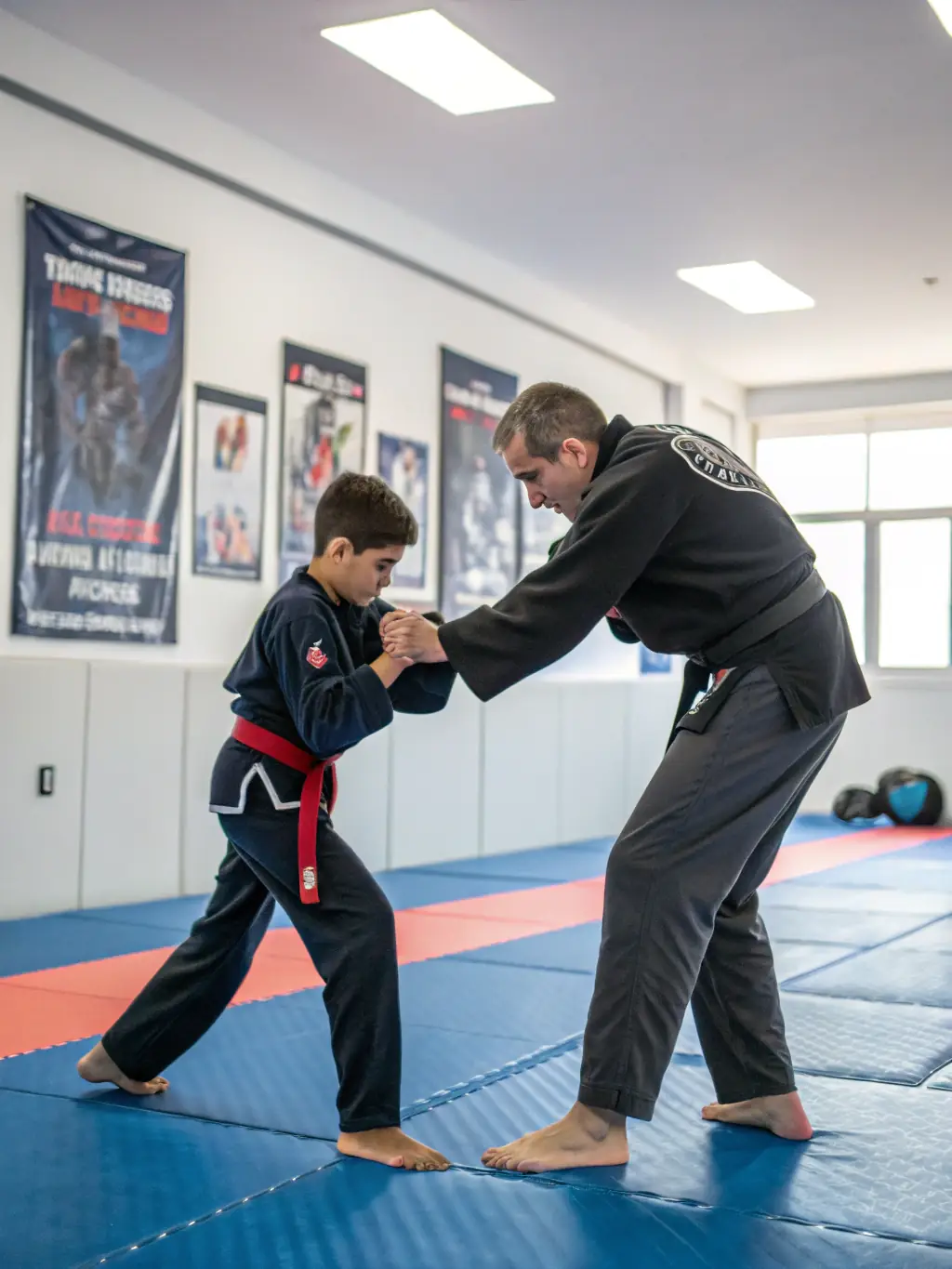 A senior instructor guiding a student through a complex karate move, highlighting personalized instruction.
