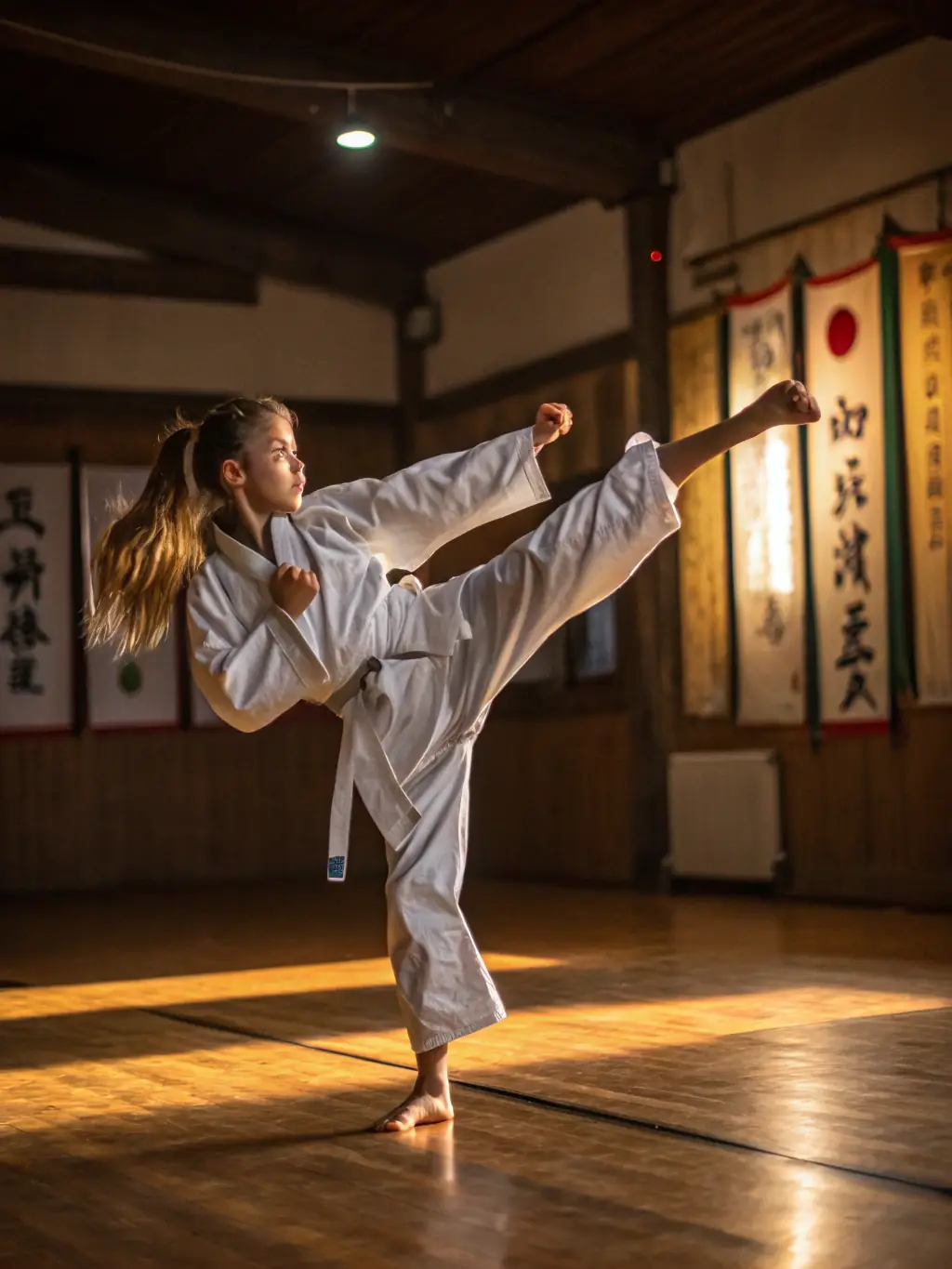 A teenager in a karate gi, confidently performing a kata sequence during an advanced training session at TRADITION KARATE OUEST.