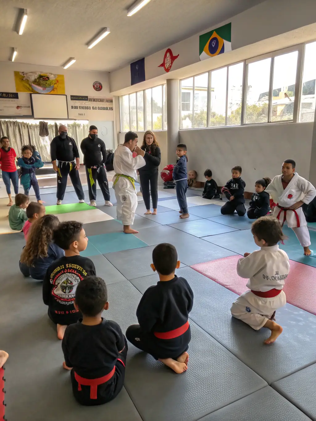 A photo of a diverse group participating in a karate workshop, highlighting community engagement and inclusivity, perfect for TRADITION KARATE OUEST's community activities.