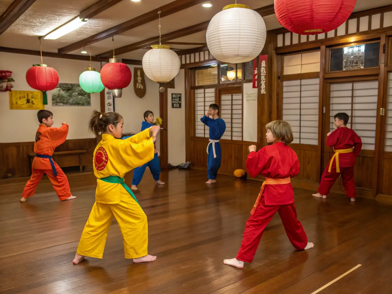 A group of children and adults of various ages and backgrounds are practicing karate together in a dojo, smiling and supporting each other.