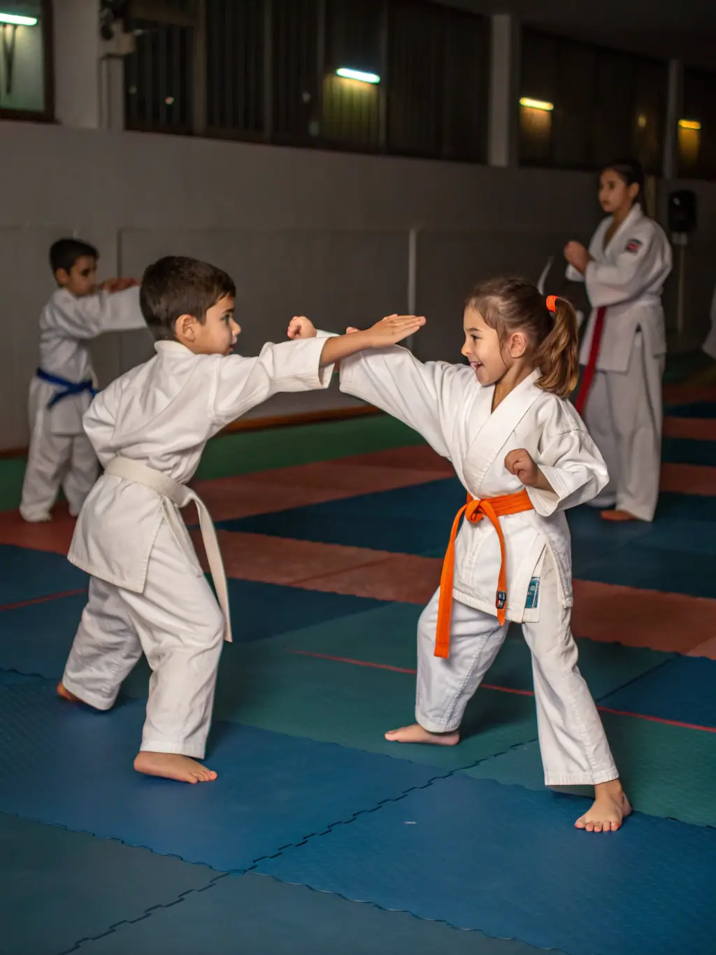 A focused shot of children practicing basic karate stances in a dojo, emphasizing discipline and focus, suitable for TRADITION KARATE OUEST's program for young learners.