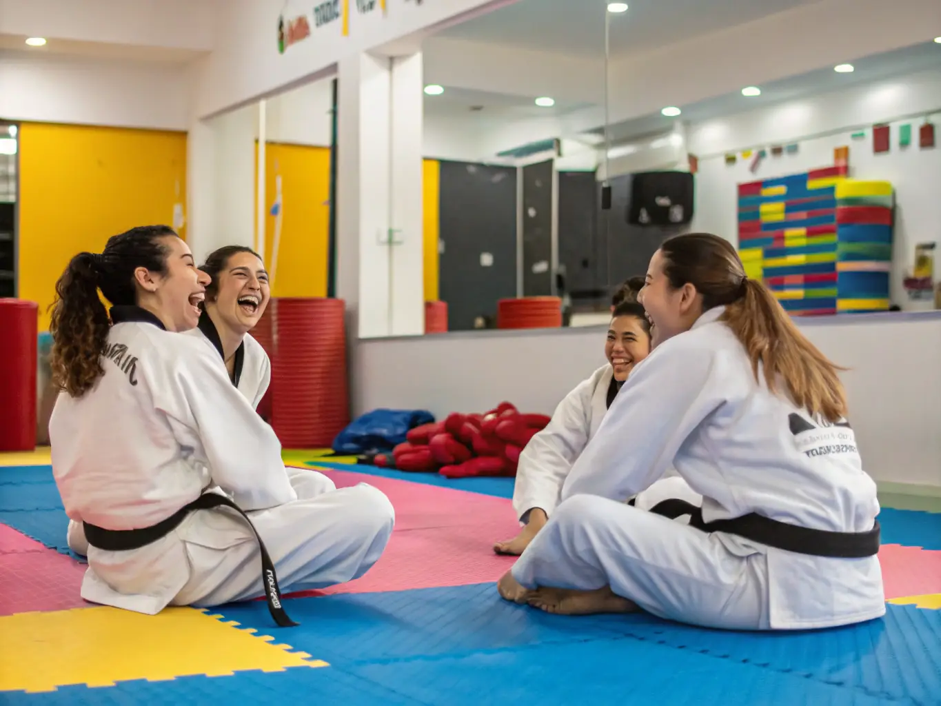 A group of TRADITION KARATE OUEST members socializing and laughing together after a training session, emphasizing the community aspect and camaraderie.