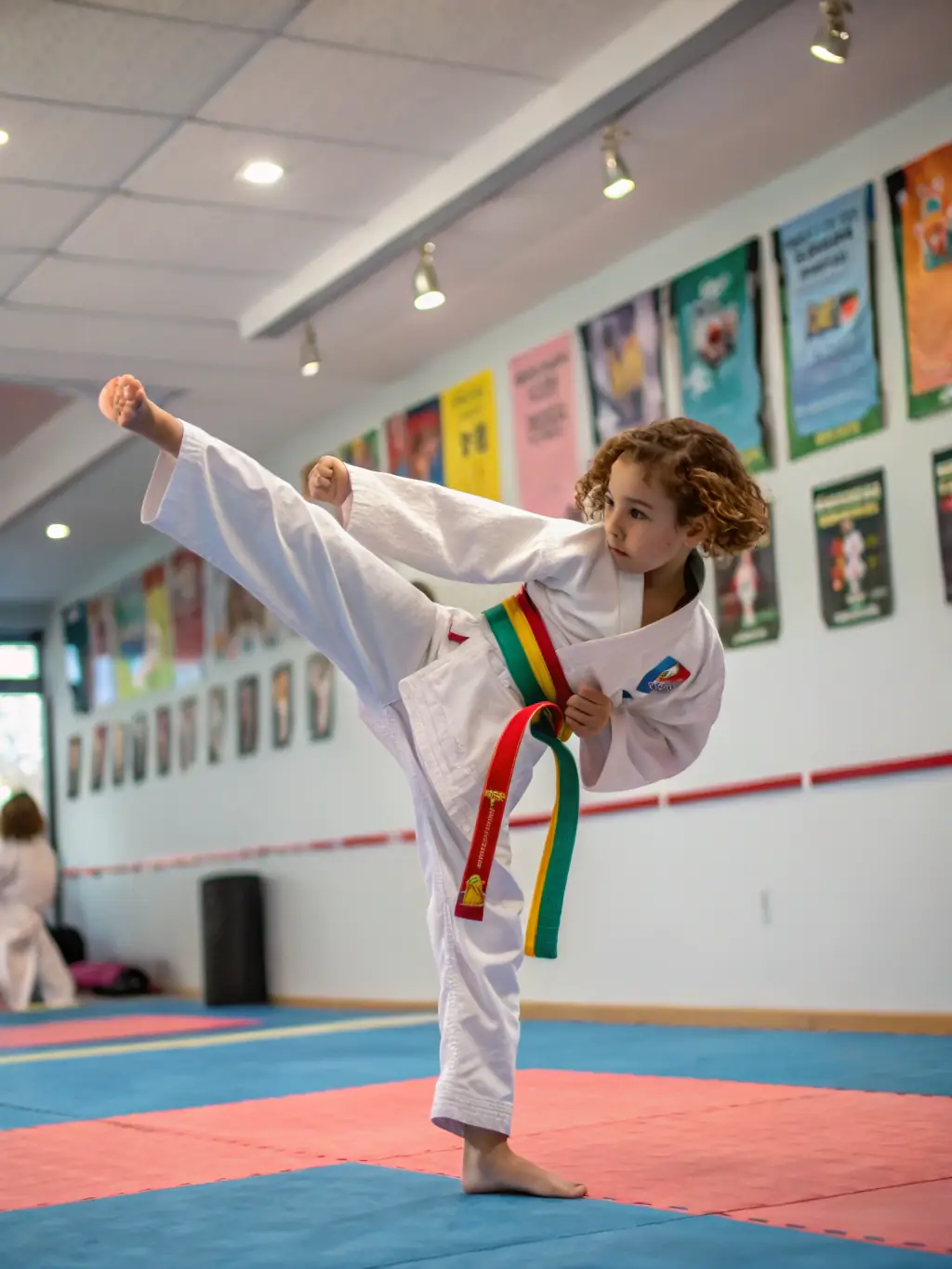 A young child in a white karate gi, focused and executing a precise front kick during a karate class at TRADITION KARATE OUEST.