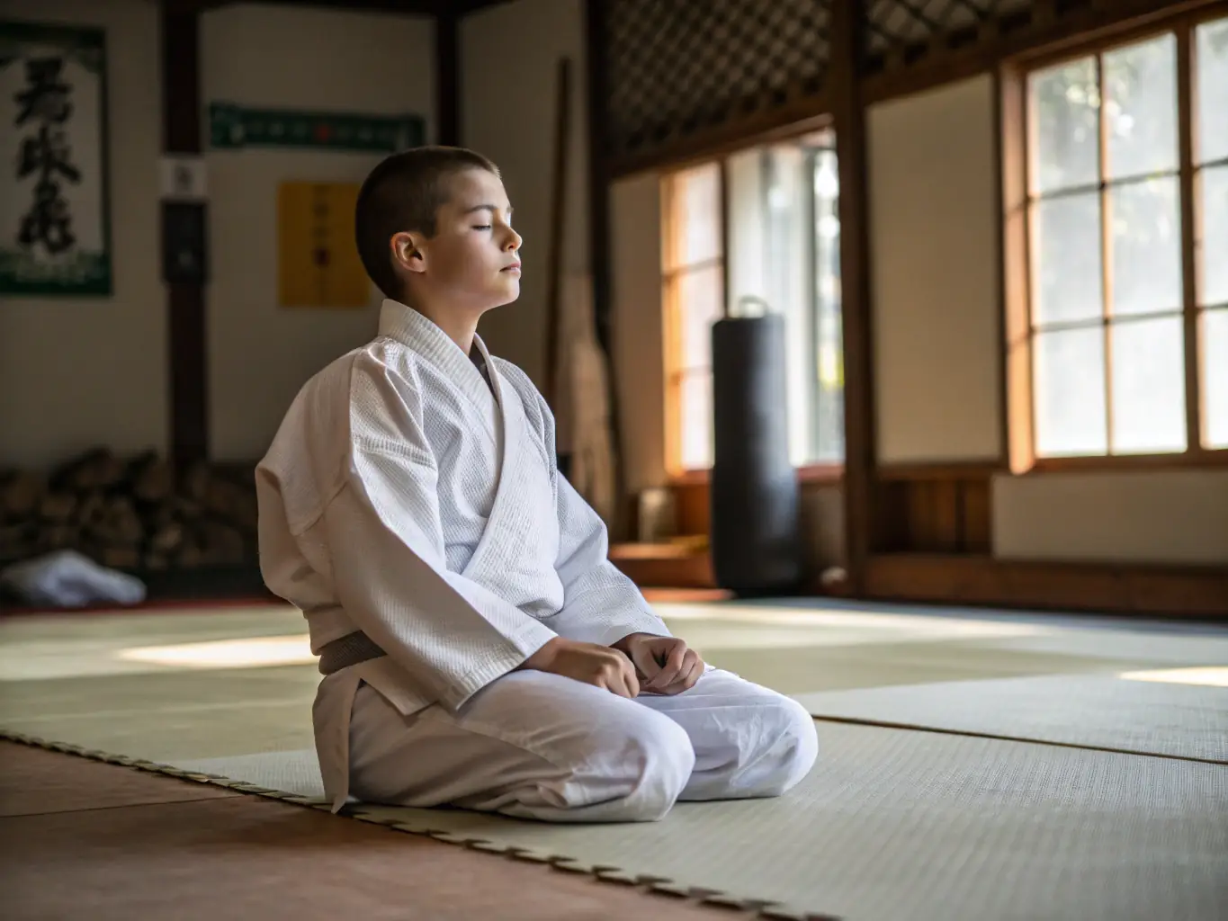 A focused karate student meditating in a serene environment, highlighting the mental discipline and mindfulness aspects of karate training.