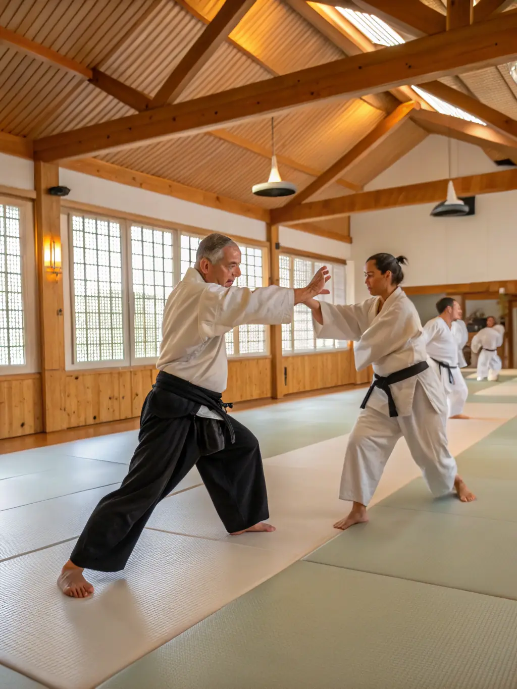 An adult in a karate gi, demonstrating a self-defense technique with a partner during an adult karate class at TRADITION KARATE OUEST.