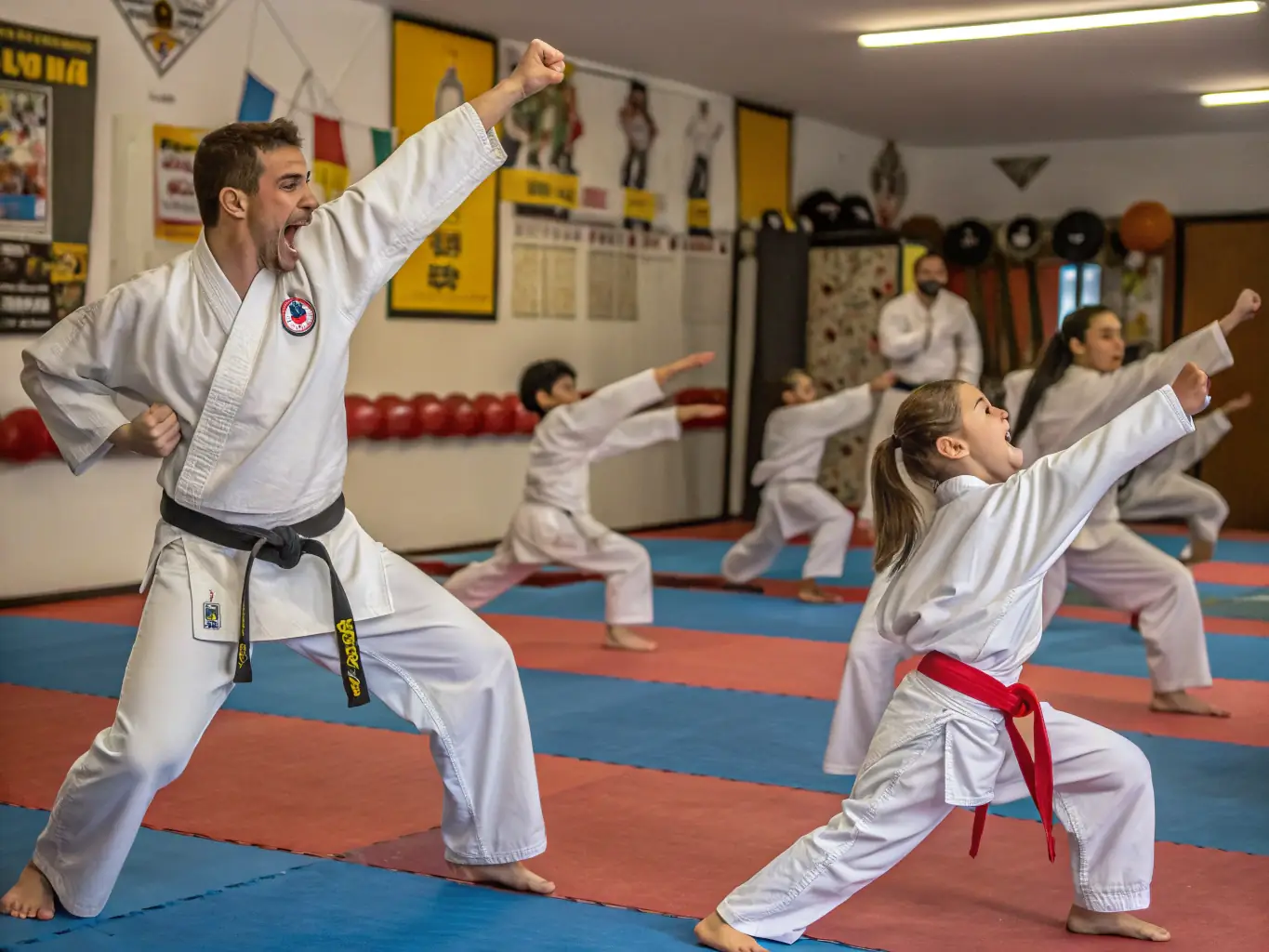 A group of children in karate uniforms practicing basic stances under the guidance of an instructor at TRADITION KARATE OUEST, showcasing the youth program.
