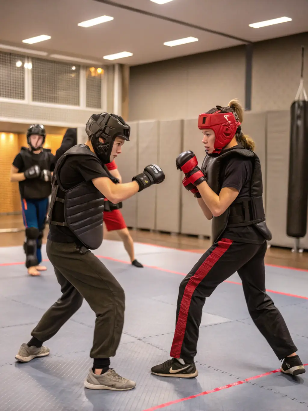 A dynamic image of teenagers engaged in sparring during a karate class, showcasing agility and skill, ideal for TRADITION KARATE OUEST's teen program.