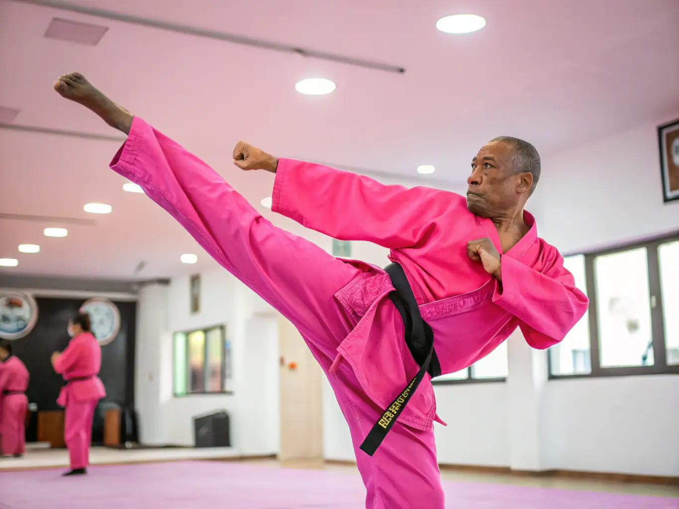 A karate instructor is demonstrating a technique to a student, providing personalized guidance and encouragement.