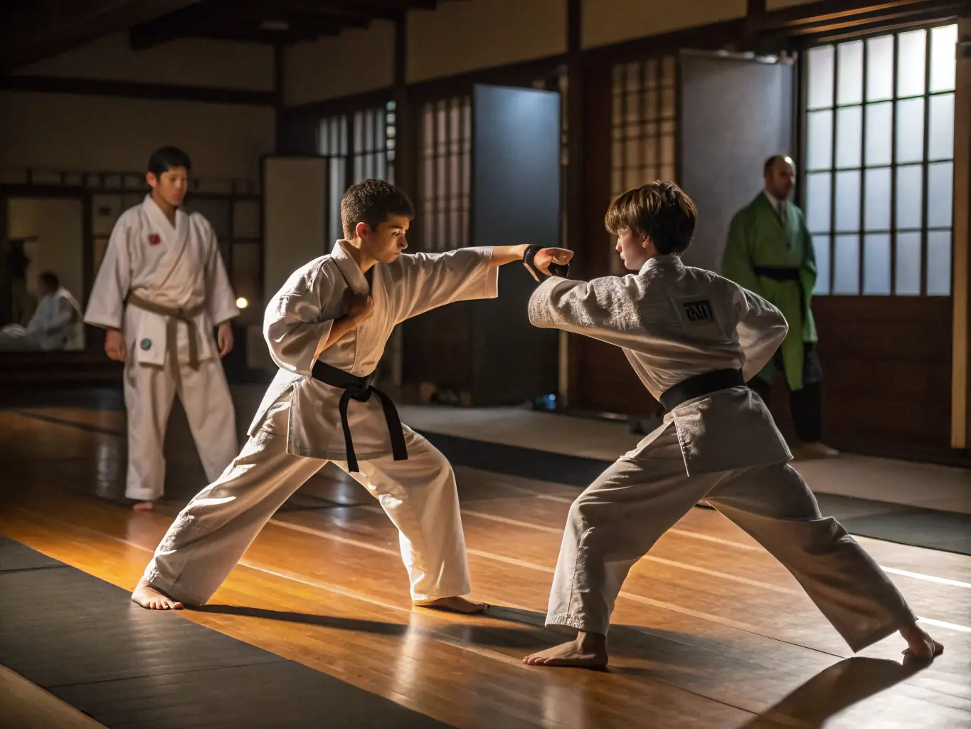 Teenagers and adults practicing advanced karate techniques in a dojo setting at TRADITION KARATE OUEST, demonstrating the adult program.
